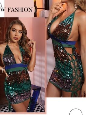 (9) New Sequin Halter Party Dress